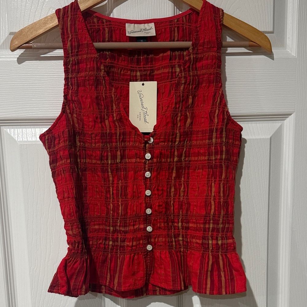 Universal Thread Red Button-Down Sleeveless Blouse size XS Plaid NWT